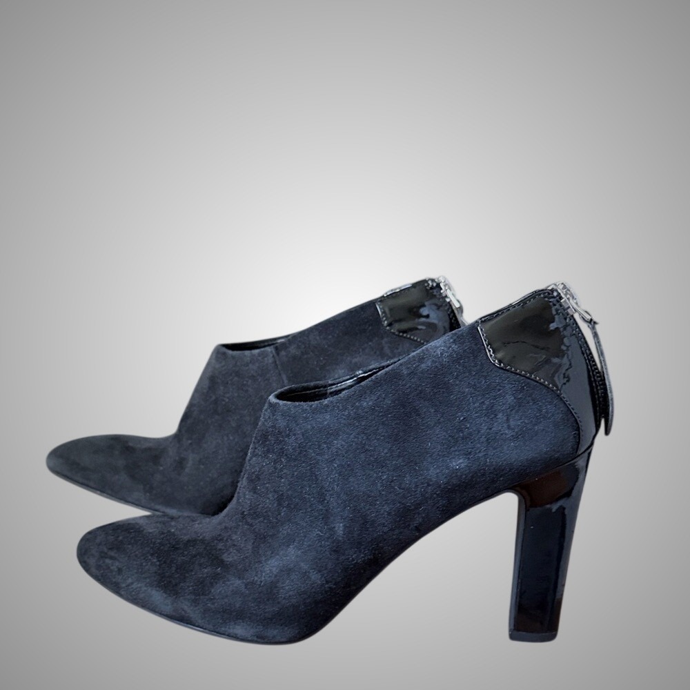 Franco Sarto Black Suede Patent Leather Heel Ankle Booties Rear Zip Size 6